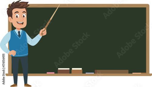 Teacher cartoon illustration, man with blackboard, school education concept, classroom teaching vector, instructor character design, lecture scene clipart, educational artwork