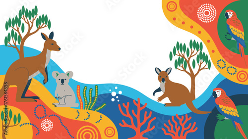 Colourful Australian Wildlife Illustration Kangaroos, Koala, and Macaws in a Whimsical Artistic