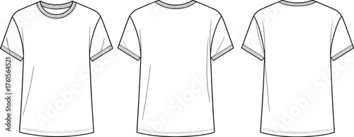 T-shirt flat sketch, short sleeve crew neck design, unisex clothing template, casual wear vector illustration, fashion technical drawing, blank apparel CAD design