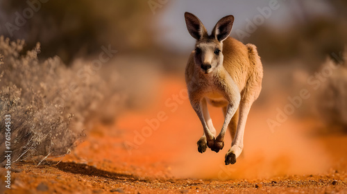 Kangaroo jumping in dry desert field

