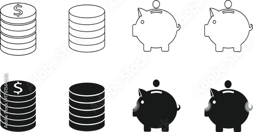 Finance and Saving Vector Icon Set: Piggy Bank and Stacked Dollar Coins Outline and Silhouette.