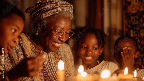 Warm gathering of family around candles, sharing joyful moments and laughter