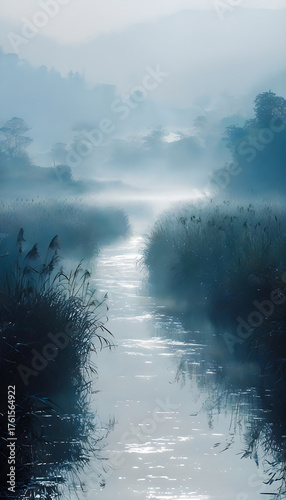 Misty Dawn: Serene River Flowing Through Reeds in Soft Blue Light with Calm Atmosphere at Sunrise in Nature Landscape