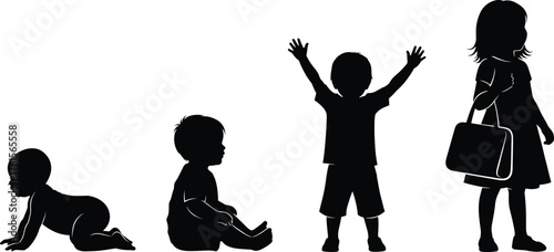 Silhouette sequence of child development from crawling to standing, illustrating early growth, mobility, and behavior in vector lifestyle art