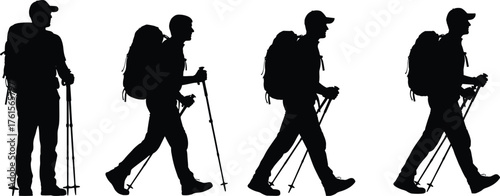 Silhouette sequence of hiker walking with backpack and trekking poles, illustrating outdoor movement, gear use, and hiking posture in vector art