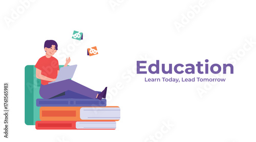 Young student reading book while sitting on stack of textbooks. Flat education illustration background symbolizing learning, knowledge, and academic growth.