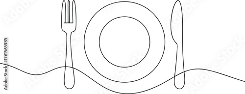 Single line drawing of fork plate and knife cutlery