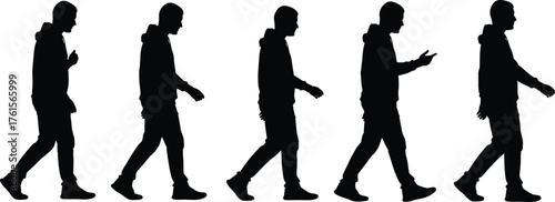Silhouette sequence of person walking in hoodie, illustrating human locomotion, step progression, motion analysis, and lifestyle movement for design