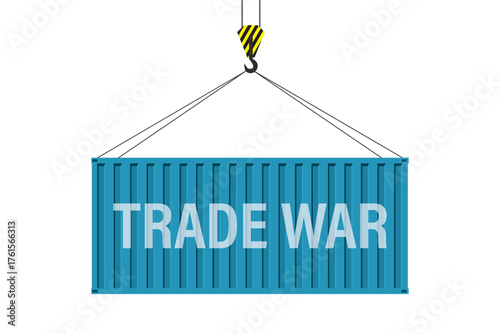 Cargo container hanging on crane hook. Trade war - text on facade view, shipment container isolated on white background, Business and transportation restrictions,