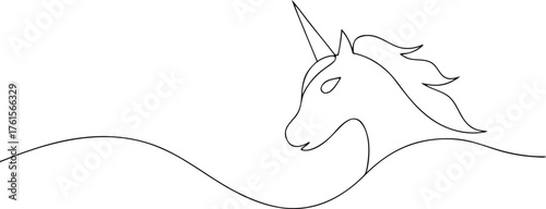 Black line art unicorn head with flowing mane and horn