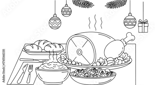 Black and white vector drawing depicting a Christmas feast. The table is decorated with a roast ham, side dishes and bread, with festive decorations on top. Ideal for menu or invitation design.