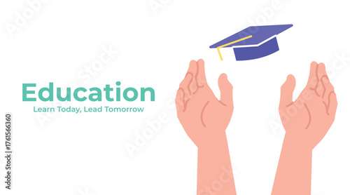 Hands throwing graduation cap into the air celebrating success. Education illustration background for academic achievement, diploma, and study completion.