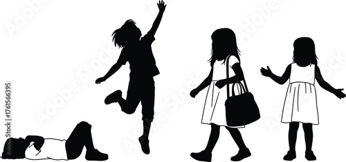 Silhouette set of children in playful, relaxed, walking, and expressive poses—capturing childhood movement, emotion, and lifestyle in vector art