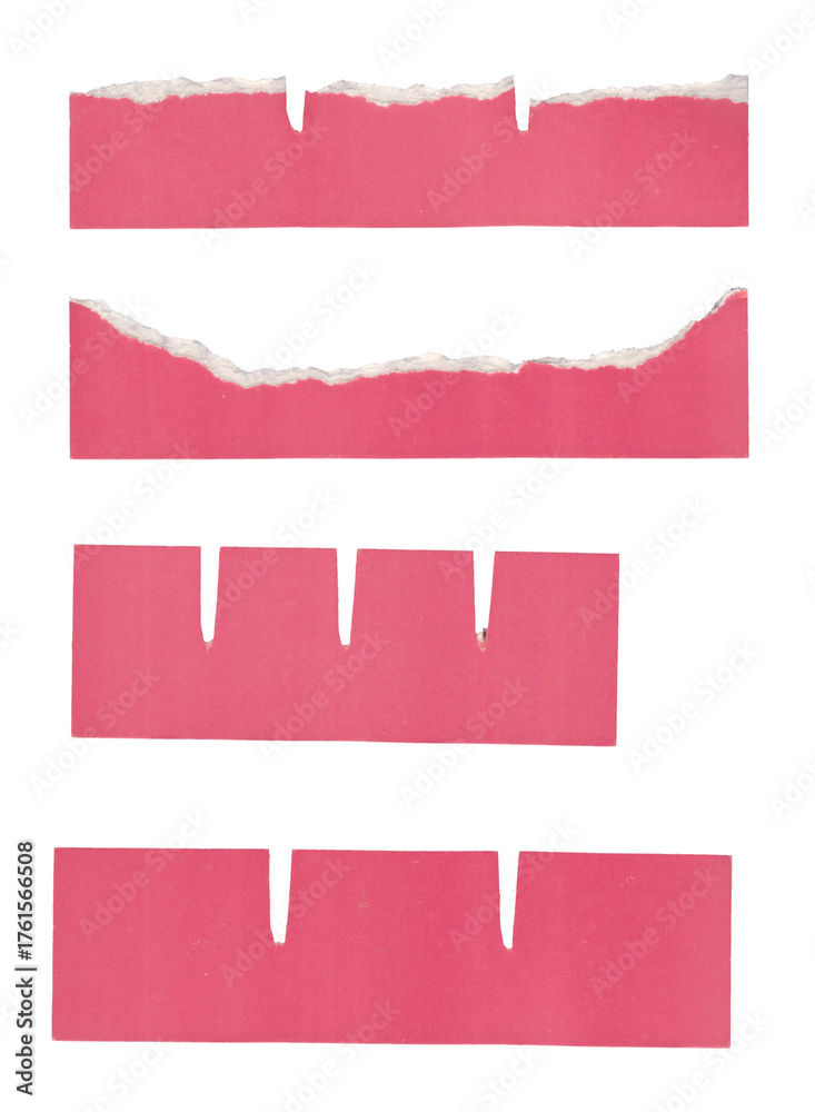 Obraz premium Collection of four pink torn paper strips isolated on transparent background, for design element