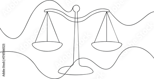 Black line art of a balance scale on white background