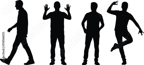 Silhouette set of four expressive human poses, capturing walking, surprise, confidence, and dynamic movement for lifestyle and design use