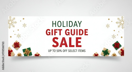 Festive holiday gift guide sale banner decorated with presents, snowflakes, and gold accents, concept of seasonal shopping and promotion.
