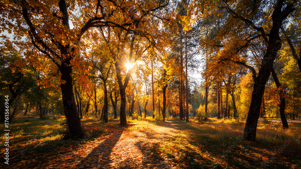 Naklejka premium Colorful forest in sunlight. Autumn landscape with yellow trees and sun. Beautiful foliage in the park.