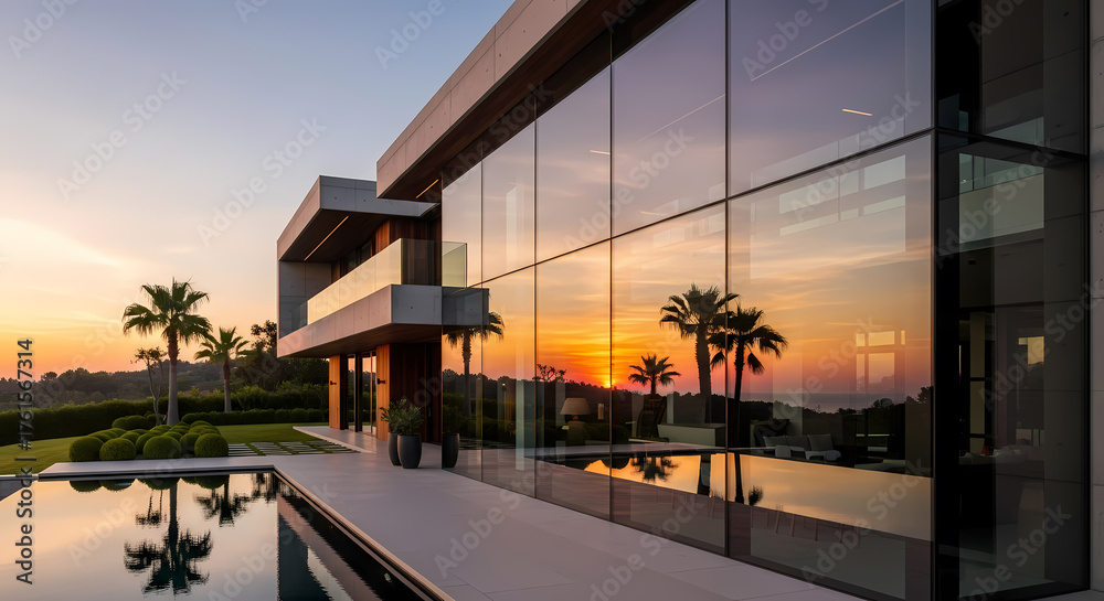 Fototapeta premium Modern luxury villa with large glass windows reflecting a vibrant sunset over a swimming pool and palm trees.