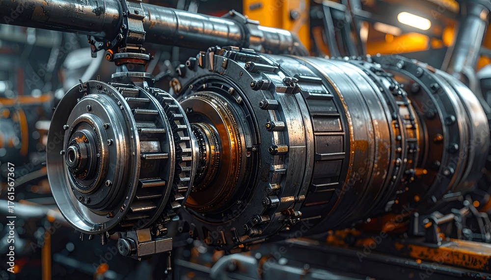 Fototapeta premium Close-up of a complex industrial engine component in a busy manufacturing facility with machinery