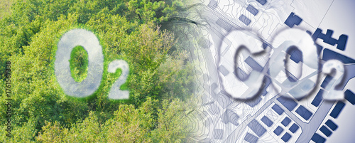 More trees reduce the amount of CO2 in our cities - concept image with O2 text against woodland and CO2 text against an immaginary city map