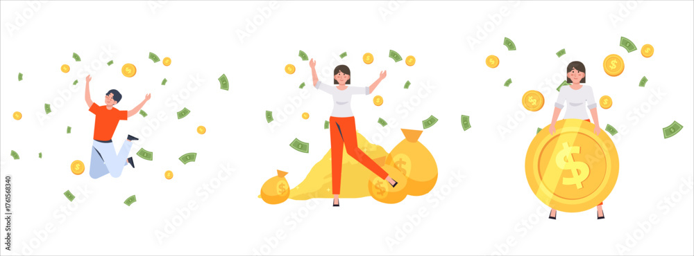 Naklejka premium Happy business people celebrating financial success and income achievement. concept of prosperity, earnings, and wealth freedom illustration.