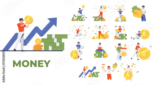 Bundle Set Money growth and finance management concept illustration. success, saving, investment, and business development flat vector design