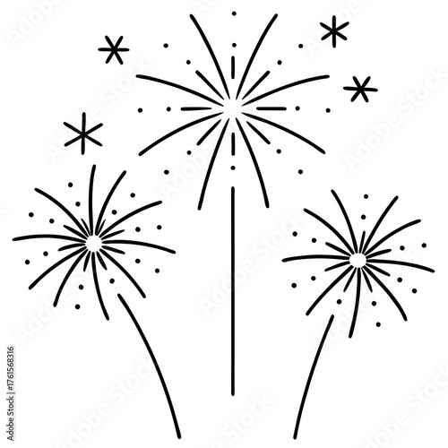 Simple black and white line art illustration of three bursting fireworks with small dots