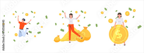 Happy business people celebrating financial success and income achievement. concept of prosperity, earnings, and wealth freedom illustration.