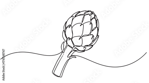 Artistic single line drawing of a fresh artichoke with stem and subtle wavy lines below