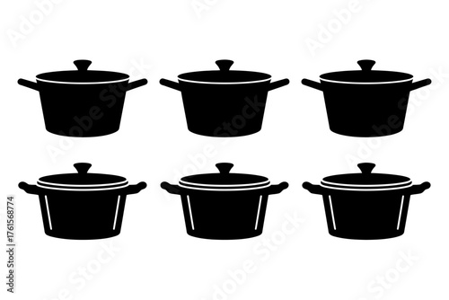 Vector art of six black cooking pots, for kitchen and cooking