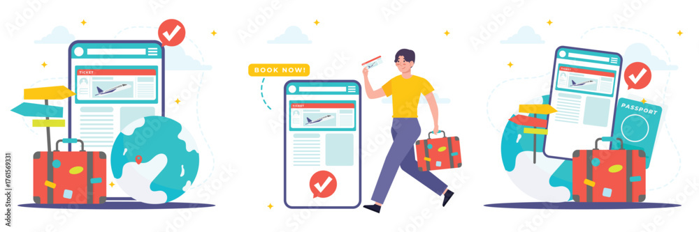 Fototapeta premium Character Illustration of online check-in process. Man with luggage managing digital forms. Flat design for easy travel management.