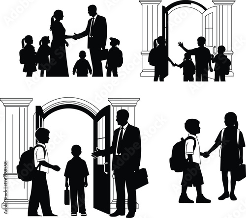 Flat vector, school silhouettes, children with backpacks, teacher greeting, classroom doorway, education scene, parent and child, supervision, student arrival, learning illustration