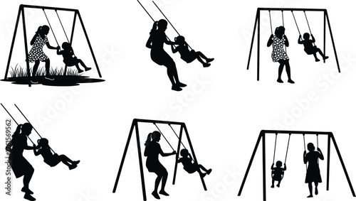 Flat vector, swing silhouettes, children playing, parent and child, outdoor activity, family bonding, playground scene, childhood fun, supervision, recreation illustration