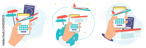 Flat Design Illustration. Mobile ticket booking and online check-in process. Hands holding smartphones showing digital boarding passes.