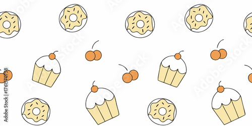 A charming seamless pattern featuring hand-drawn donuts, cupcakes, and cherries. This sweet, minimalist bakery background is ideal for textiles and food-themed projects