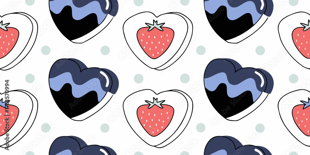 Fototapeta premium Cute cartoon seamless background with sweet heart-shaped desserts, including strawberry candies and chocolate-covered treats for Valentine's Day