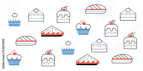A colorful pattern background with a delightful collection of sweet bakery icons. This set features simple line art of cake, pie, and cupcakes