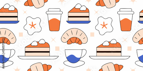 Cozy morning cafe seamless vector pattern with delicious pie slices, fresh croissants, and hot coffee cups for a sweet breakfast background