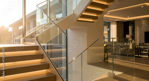 Modern staircase with glass railing and wooden steps illuminated by hidden lights.
