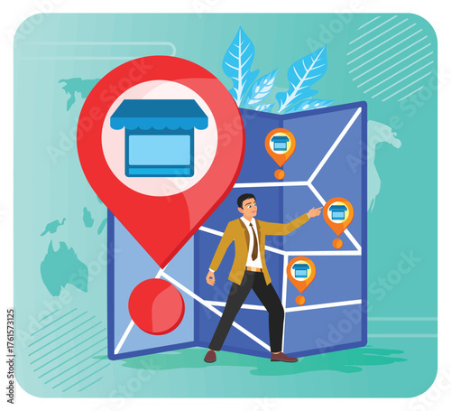 Franchising. Businessman Navigating Global Map With Store Locations and Delivery Pins for Planning.
