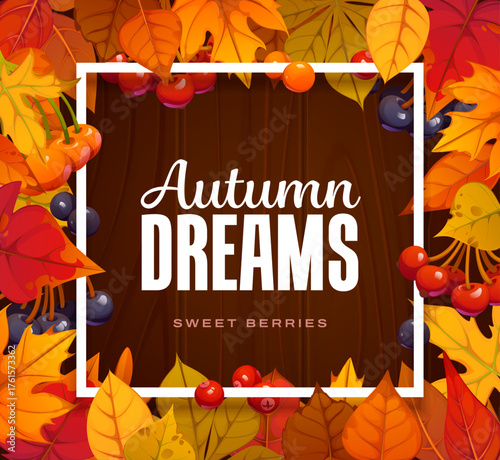 Autumn fall season banner with square wooden frame of red, orange, yellow and brown maple, birch and oak leaves. Black and red berries for cozy fall seasonal background or vector banner for autumn