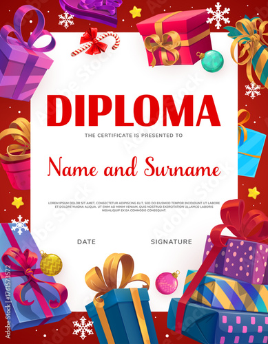 Christmas diploma certificate vector template. Santa holiday award letter with frame from gifts, glass baubles, candy cane, stars and snowflakes. Cartoon winner diploma with area for text