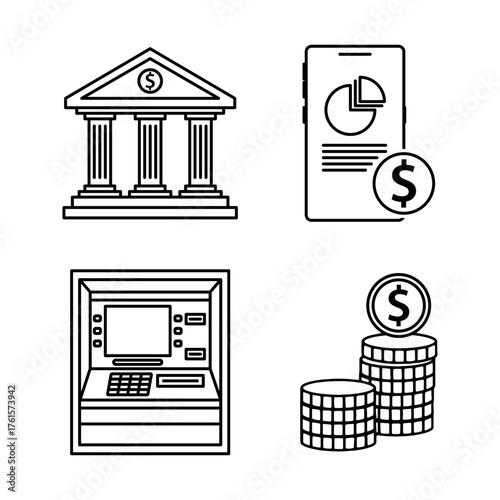 banking icons, bank building, ATM, mobile banking, coin stack