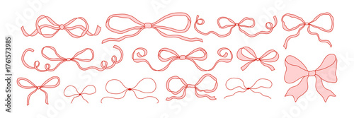 Set of hand drawn ribbon bows in coquette style. Cute feminine decorative elements for wedding digital design, scrapbooking, planners, christmas invitations, packaging, and social media. Vector art