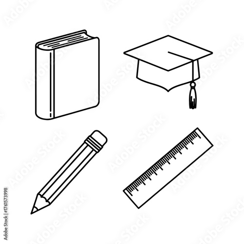 education icons, book, graduation cap, pencil, ruler