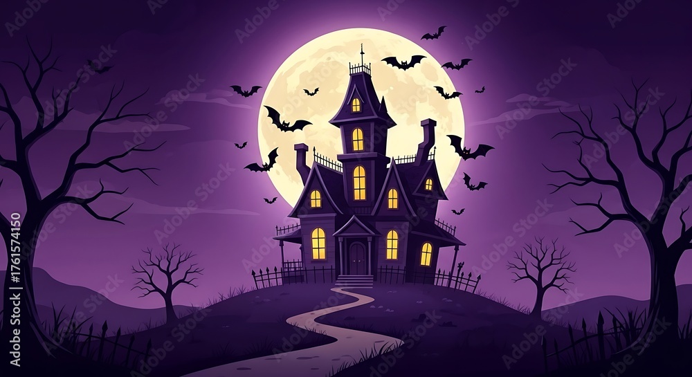 Fototapeta premium Spooky Mansion Under a Full Moon with Bats Flying, a Night Landscape Illustration.