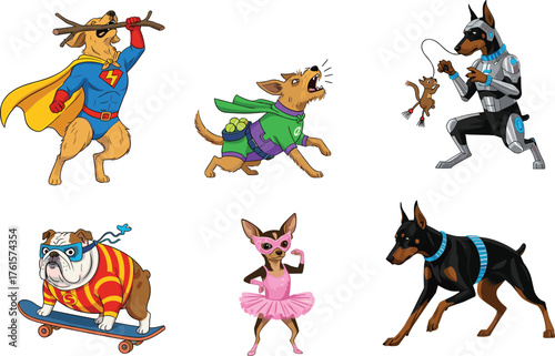 Superhero dogs cartoon illustration, funny costumed dogs, action hero pets, comic dog characters, playful animals, fantasy dogs, cute dog heroes