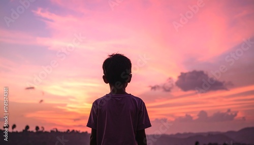 A young child stands facing a colorful sunset. The silhouette shows a pink shirt and dark hair with a vibrant sky