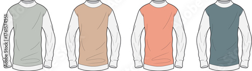 Modern long-sleeve sweater concept with varied color block designs. Flat vector illustrations of four distinct apparel styles for fashion design and product development